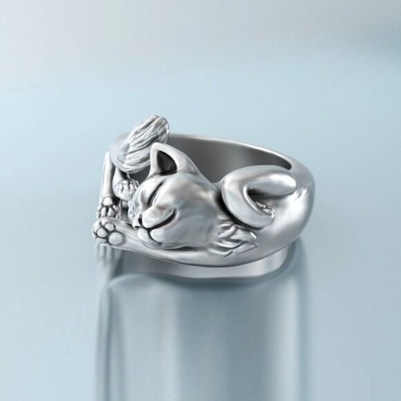 💍 Stretching Cat Simulation Cute Animal Silver Lovely Ring for Women, PD678 - Picture 4 of 5